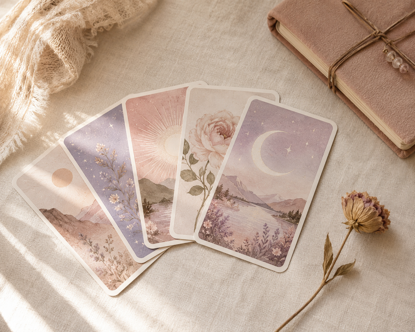 Oracle cards on a soft cream surface with a journal and dried flower